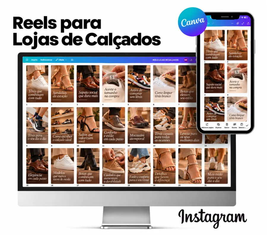 Reels para loja de calçados no Canva, no computador e no celular